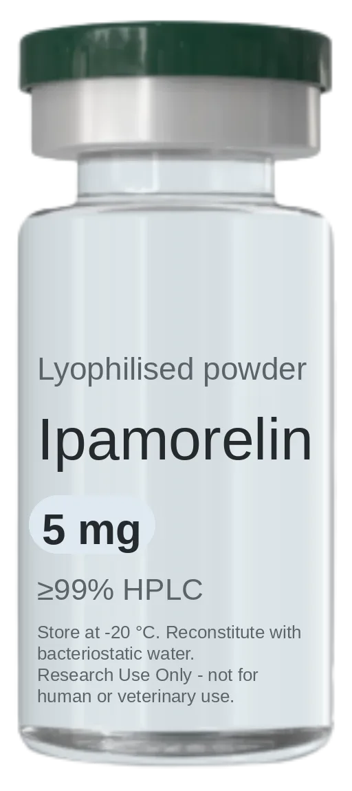 Ipamorelin 5 mg vial — lyophilised research peptide, ≥99% HPLC, labelled for research use only