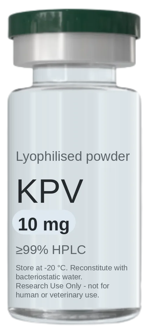 KPV 10 mg vial — lyophilised research peptide, ≥99% HPLC, labelled for research use only