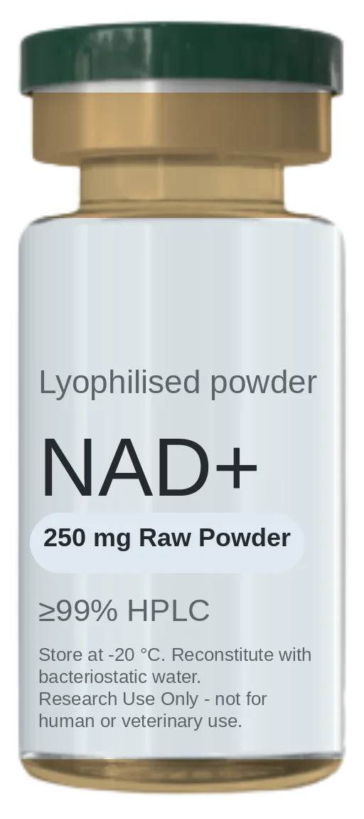 NAD+ (Nicotinamide Adenine Dinucleotide) 250 mg Raw Powder vial — lyophilised research peptide, ≥99% HPLC, labelled for research use only