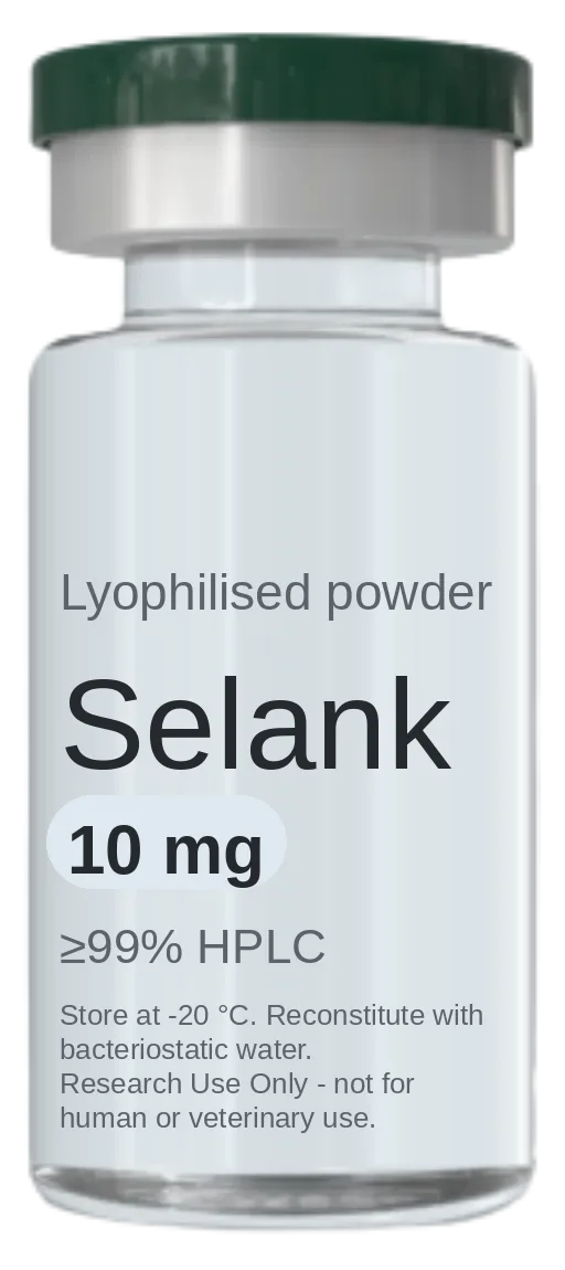 Selank 10 mg vial — lyophilised research peptide, ≥99% HPLC, labelled for research use only
