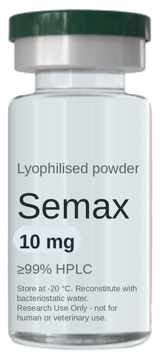 Semax 10 mg vial — lyophilised research peptide, ≥99% HPLC, labelled for research use only