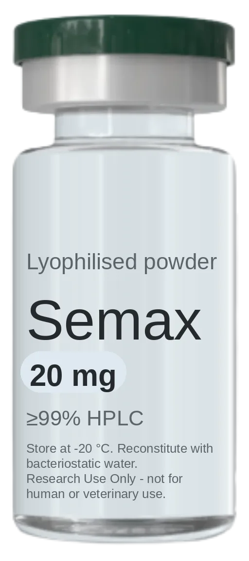 Semax 20 mg vial — lyophilised research peptide, ≥99% HPLC, labelled for research use only