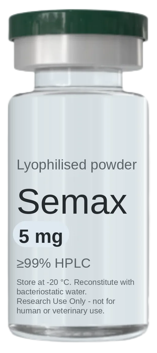 Semax 5 mg vial — lyophilised research peptide, ≥99% HPLC, labelled for research use only