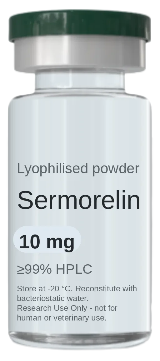 Sermorelin 10 mg vial — lyophilised research peptide, ≥99% HPLC, labelled for research use only