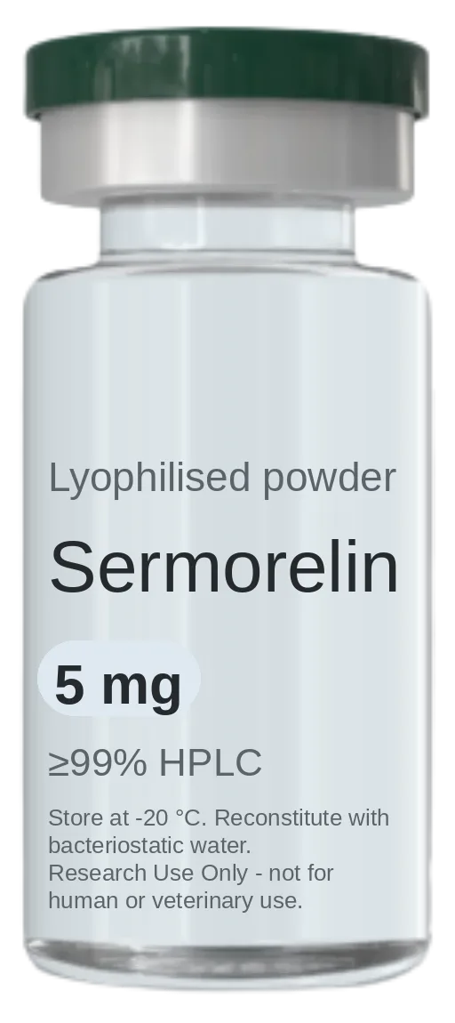 Sermorelin 5 mg vial — lyophilised research peptide, ≥99% HPLC, labelled for research use only